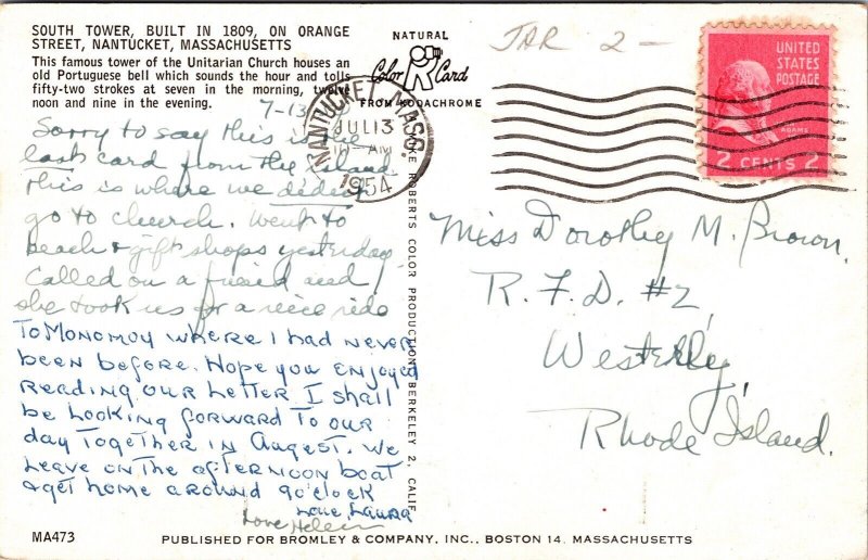 South Tower Orange St Nantucket Massachusetts MA Postcard PM Cancel WOB Note VTG 