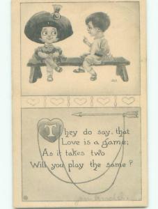 Pre-Linen valentine signed CUTE GIRL IN BIG HAT WITH BOY ON BENCH k5967