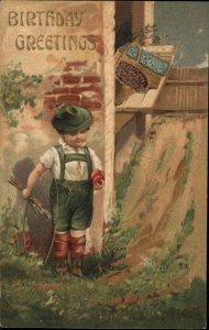 Birthday Cute Little German Boy in Lederhosen and Hat c1910 Vintage Postcard