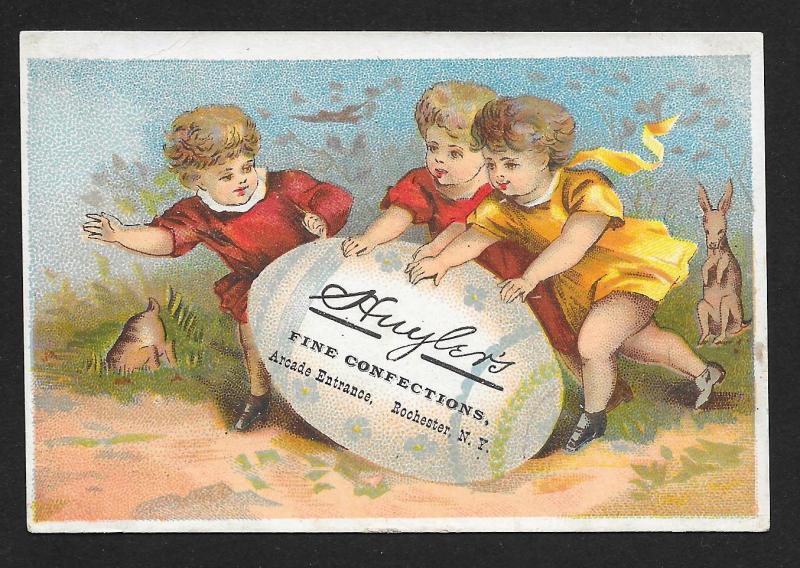 VICTORIAN TRADE CARD Huylers Confections Kids Rolling Huge Egg & Rabbit