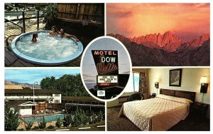 Dow Villa Motel Lone Pine CA Split View Interior hot Tub Sunset Postcard 1992