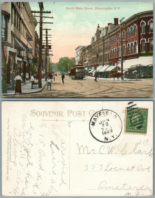 GLOVERSVILLE N.Y. SOUTH MAIN STREET 1909 ANTIQUE POSTCARD w/ CORK CANCEL