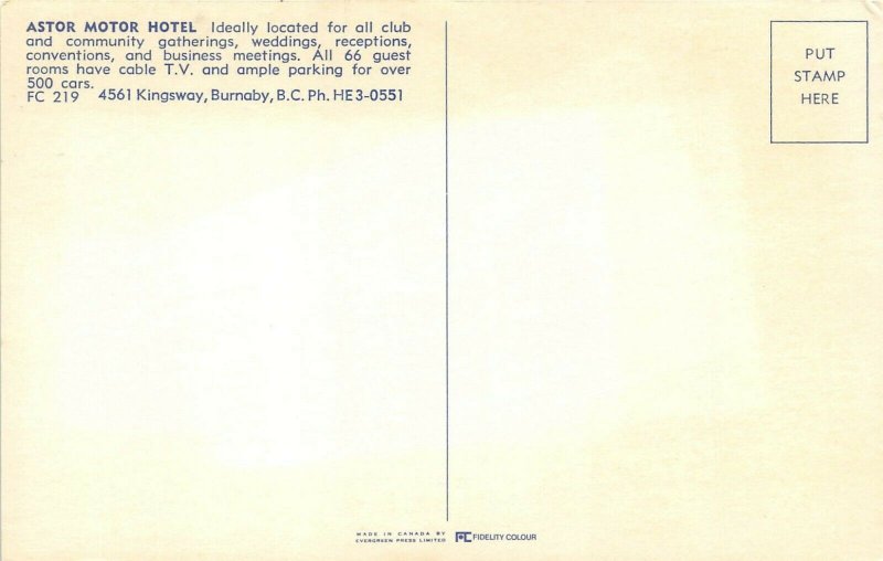 Burnaby British Columbia Canada 1960s Postcard Astor Motor Hotel Lobby