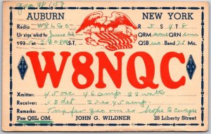 1935 QSL Radio Card Code W8NQC Auburn New York Amateur Station Posted Postcard