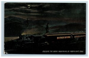 Train Crossing The Rocky Mountains by Moonlight Postcard Colorado