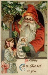 Antique GEL Postcard CHRISTMAS Santa Claus RED ROBE Gives Baby Doll to Girl