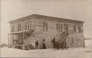 Portrait of People Family by Old Building Horse Unused Real Photo Postcard G23