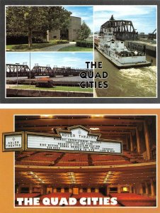 2~Postcards  THE QUAD CITIES Locks & Bridge & ADLER THEATRE  Illinois & Iowa