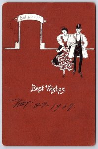 Vintage Postcard 1908 Best Wishes Greeting Card Man & Woman Wearing Formal Dress