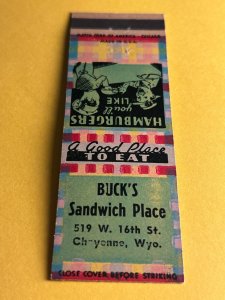 Vintage Matchbook Cover Buck's Sandwich Place Cheyenne, Wyoming MB182