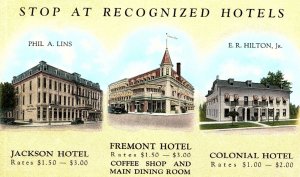 c1910 FREMONT OHIO 3 HOTELS JACKSON COLONIAL HILTON RATES POSTCARD 46-91