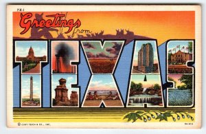 Greetings From Texas Large Big Letter Postcard Linen Unused Curt Teich Unused
