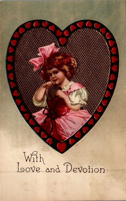 c1910 VALENTINE WITH LOVE AND DEVOTION VICTORIAN GIRL EMBOSSED POSTCARD 26-239