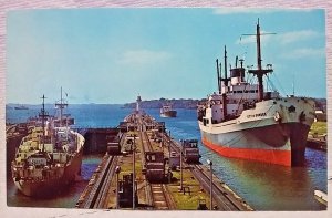 Panama Canal Gatun Locks City of Dundee Cargo Ship Postcard writes about canal