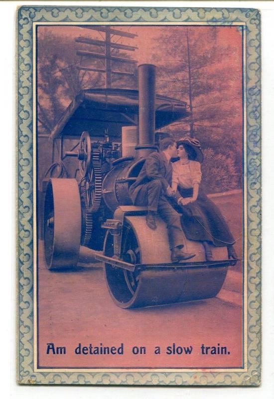 Steam Roller Traction Engine Romance Detained on Slow Train 1912 postcard