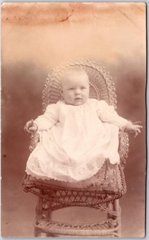 Infant Photography Baby Girl Sitting On A Rattan Chair Real Photo RPPC Postcard