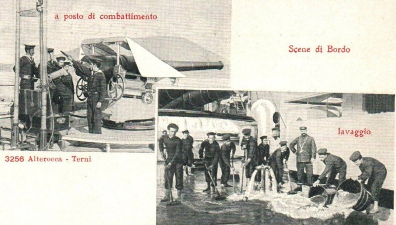 Italian Navy Cruiser Fleet Sailors Washing on Deck - c1910s RPPC