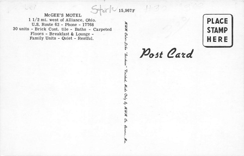 Alliance Ohio 1950s Postcard McGee's Motel