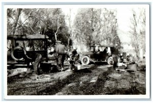 c1910's Patriotic Men Camping Tent Cars Breaking Up RPPC Photo Antique Postcard