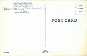Old Mill Manor House Ambler PA Pennsylvania VTG Postcard UNP Unused Chrome 