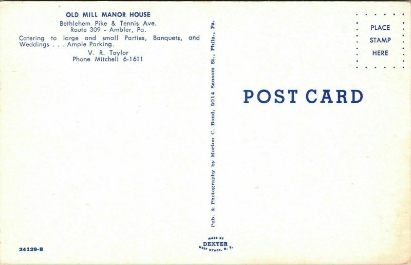 Old Mill Manor House Ambler PA Pennsylvania VTG Postcard UNP Unused Chrome 