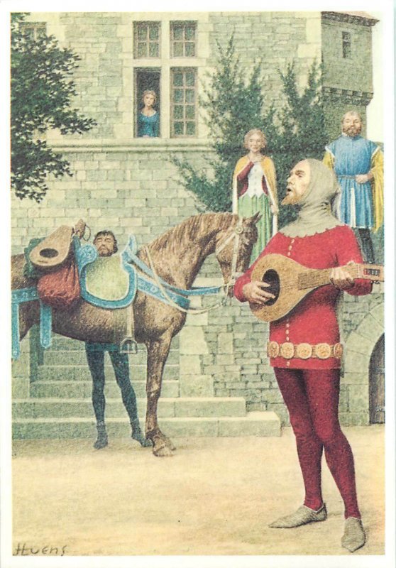 Trade card Europe in Middle Age troubadour street musician