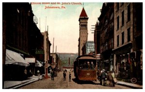 Pennsylvannia  Johnstown Clinton St. and St.John's Church , trolley