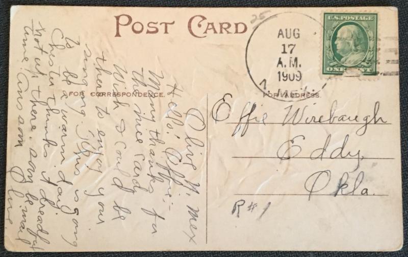 Postcard Used “Many Happy Returns” embossed Flowers LB