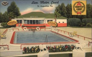 St Augustine FL Lion Motor Court Exterior Pool 1930s-50s Vintage Postcard