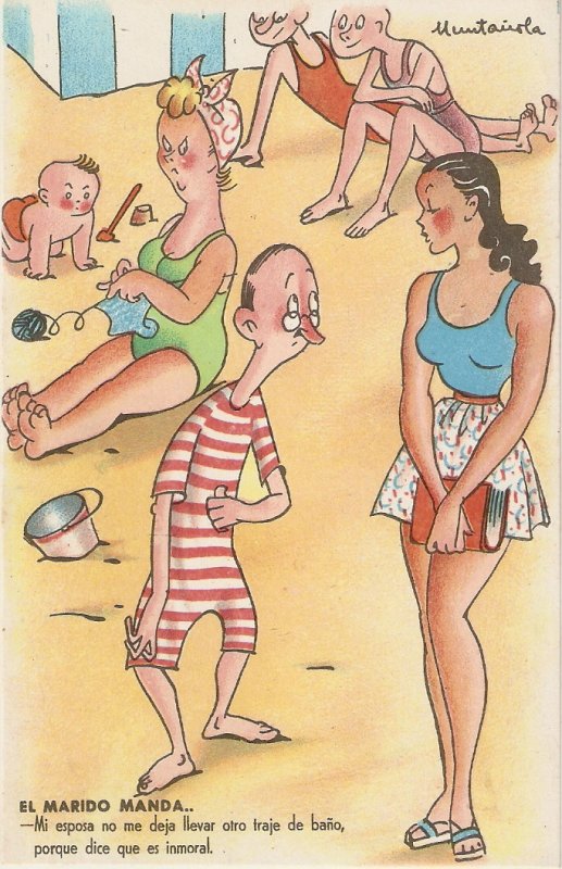 Muntañola. At the Beach. El Marido Manda Humorous Spanish PC 1950s