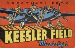 Keesler Field MS Large Letters Airplane WWII Linen Postcard