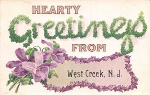 West Creek North Dakota Greetings Purple Flowers Vintage Postcard AA109897