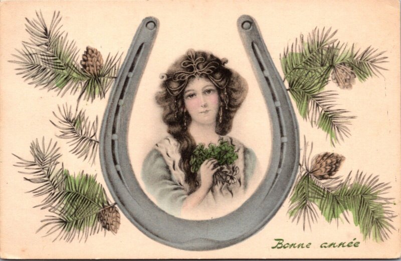 New Year Postcard Woman Holding Four Leaf Clovers Inside Horseshoe Pine Branches