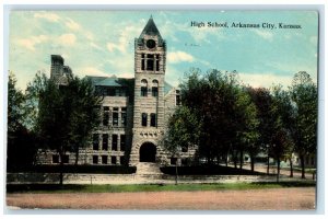 1912 High School Building Scene Street Arkansas City Kansas KS Antique Postcard