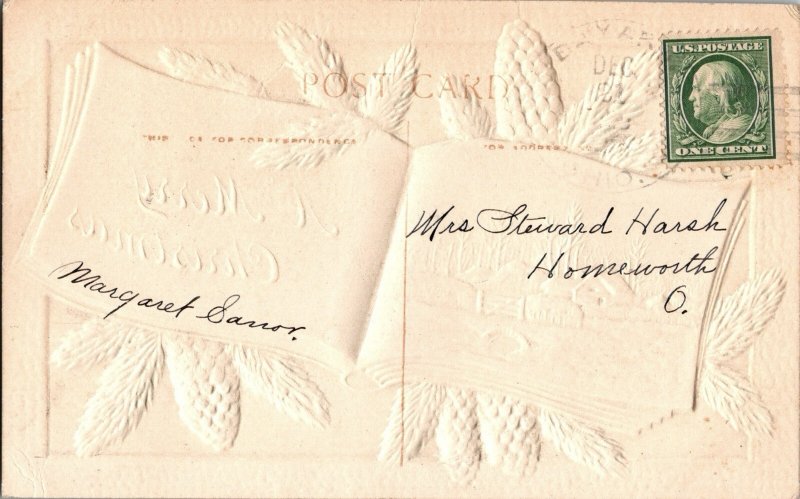 MERRY CHRISTMAS c1910 Embossed Airbrushed Postcard Open Book Pine Cones KJ9