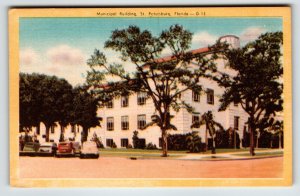 St. Petersburg Municipal Building Old Cars Florida Postcard Linen Unused Dexter