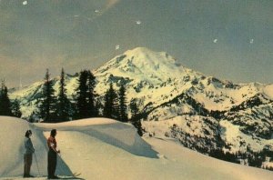 Postcard RPPC Cross Country Skiers viewing Mt. Rainier in Washington.  R8
