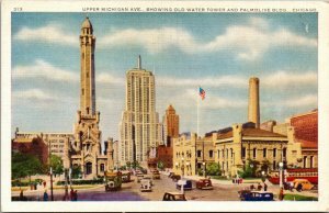 Vtg 1930 Upper Michigan Ave Water Tower Palmolive Building Chicago IL Postcard