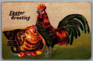 Postcard c1911 Easter Greeting Embossed Colorful Roosters Coloured Eggs Roosting