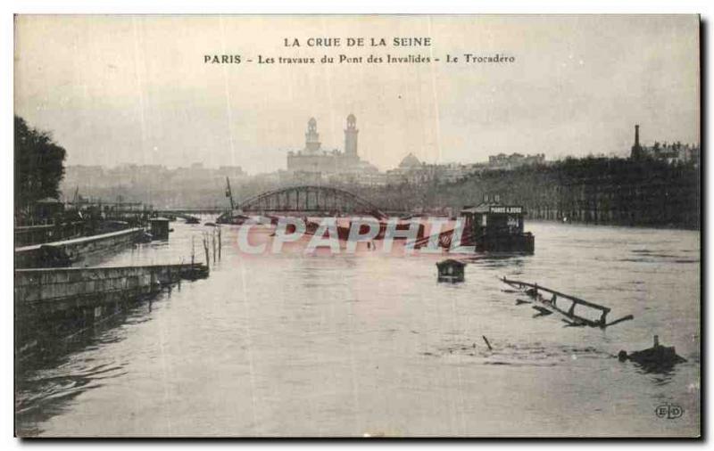 Old Postcard The Paris Crue Floods Of The Seine Pont des Invalides of work Th...