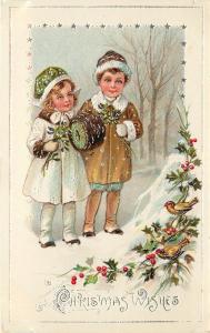 c1910 Christmas Postcard T 12021, Pretty Children in Snowy Woods, Silver detail