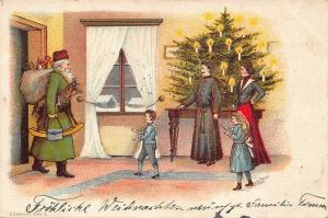 Christmas Green Robed Santa Claus Family Tree Germany Postcard
