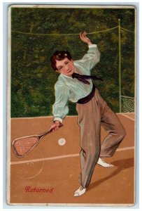 PFB Gull Lake Saskatchewan Postcard Boy Playing Tennis Sports Embossed 1912