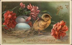 EASTER GREETINGS Chick w Nest of Colored Easter Eggs c1910 Postcard