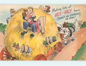 Unused Linen risque PRETTY GIRL WITH LEGS KISSES GUY ON HAY WAGON RIDE o7977