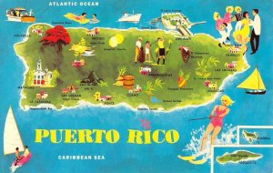 PUERTO RICO Map Greetings Caribbean Sea Vieques Island 1960s Vintage Postcard