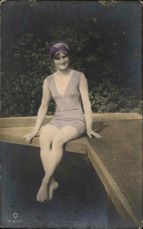 Bathing Beauty Woman Sits on Dock c1910 Tinted Real Photo Postcard