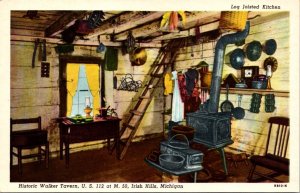 Postcard Log Joisted Kitchen Historic Walker Tavern US 112 Irish Hills, Michigan