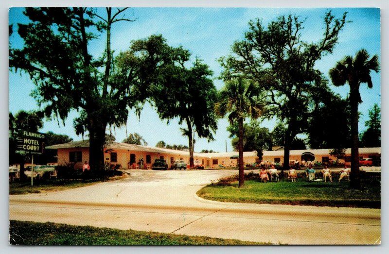 Biloxi MS~Flamingo Hotel Court~Pink Roadside Motel~Neon Art Deco Sign~1950s PC 