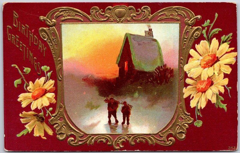 1910's Greetings and Wishes Card Landscape House Night Time Posted Postcard